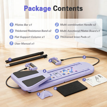 RICAN Foldable Pilates Board, Pilates Reformer Set, 15-in-1 Multifunctional Abdominal Board, Adjustable Push-Up Handles, Full Body Workout Equipment for Home, Purple