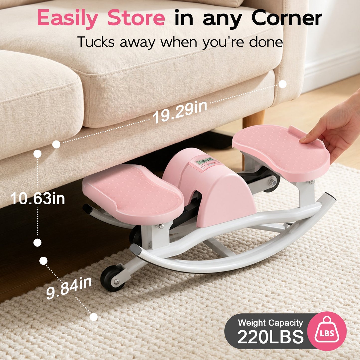 RICAN Smart Lateral Rocking Fitness Stepper, Low-Impact Portable Exercise Stepper with Digital Monitor, Resistance Bands & Floor Mat, Pink