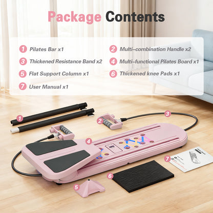 RICAN Foldable Pilates Board, Pilates Reformer Set, 15-in-1 Multifunctional Abdominal Board, Adjustable Push-Up Handles, Full Body Workout Equipment for Home, Pink