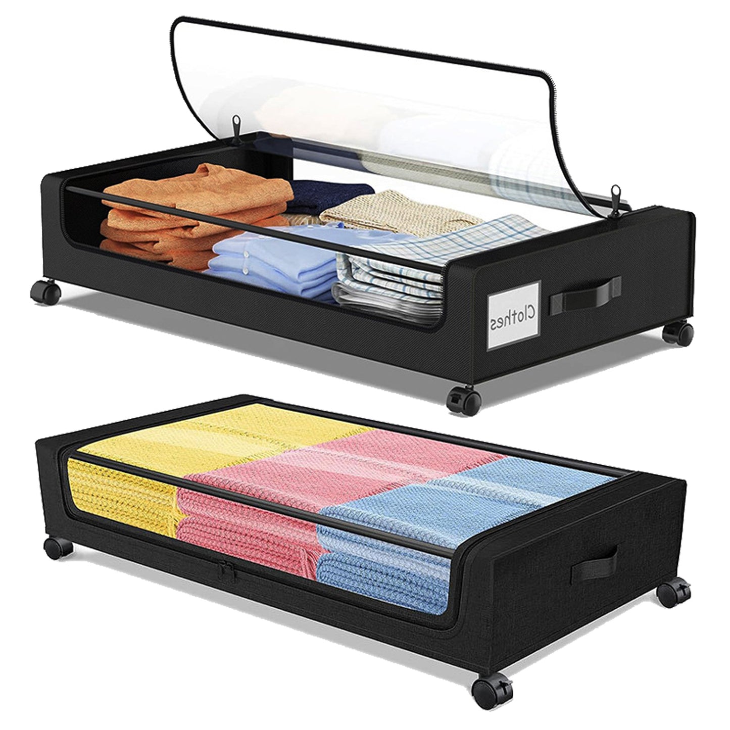 Under Bed Storage with Wheels, Under Bed Storage Containers, Under the Bed Storage Organizer with Clear Lids - Rolling Drawers & Bins for Clothes,Shoes,Toys, 2-Pack (Black)