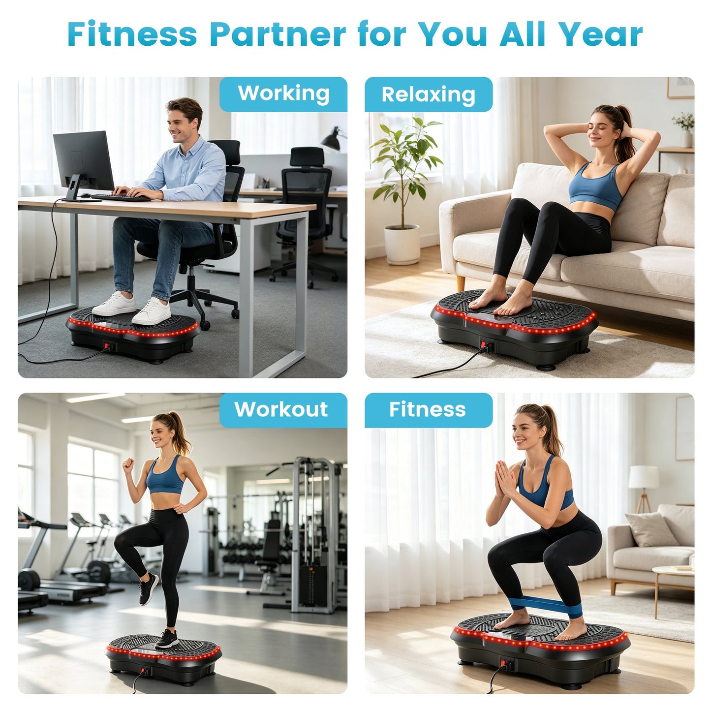 Vibration Plate with the built-in LED light strip, Full Body Shaker Platform for Home Exercise, Vibration Board with 5 Pull Ropes