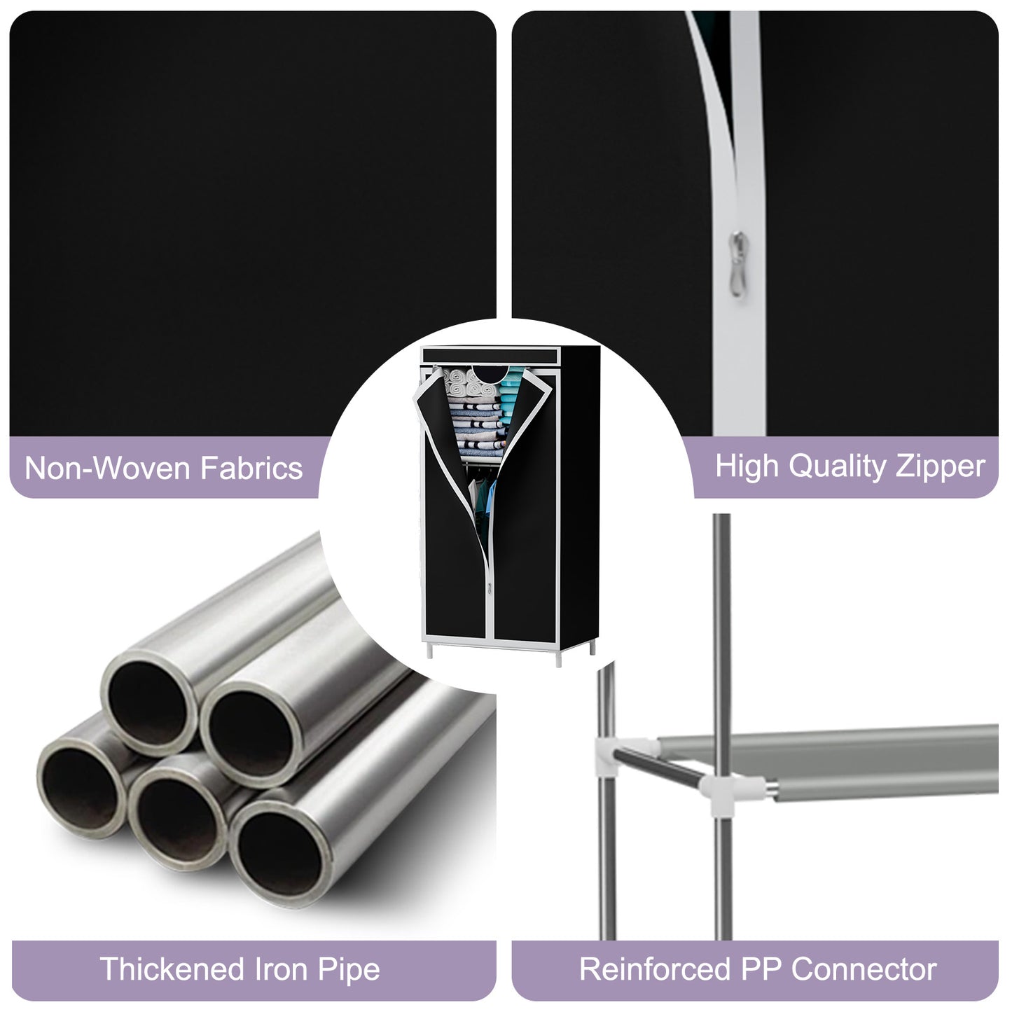 Portable Closet Organizers and Storage with Hanging & Folding Sections, Space-Saving Wardrobe Closet Organizer, Full-Cover Dustproof Hanging Clothing Rack for Bedroom, Apartment, Dorm, Black