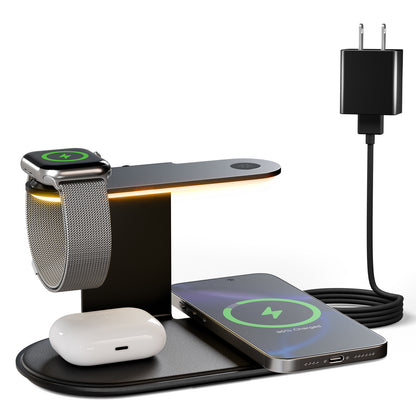 4 in 1 Charging Station, MagSafe Wireless Charger with Three Level soft Night Light, 15W Fast Charging for iPhone 12 and above series, for iWatch Series, for AirPods,USB-C Charger Included, Black