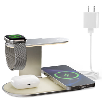 4 in 1 Charging Station, MagSafe Wireless Charger with Three Level soft Night Light, 15W Fast Charging for iPhone 12 and above series, for iWatch Series, for AirPods,USB-C Charger Included, Silver