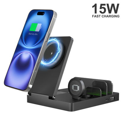 15W Fast Charging Station, 5 in 1 Wireless Charger Compatible with iPhone 15 14 13 12 11 8 Series, Charging Dock Compatible with AirPods 4 3 2 1, for iWatch, for iPad, Black