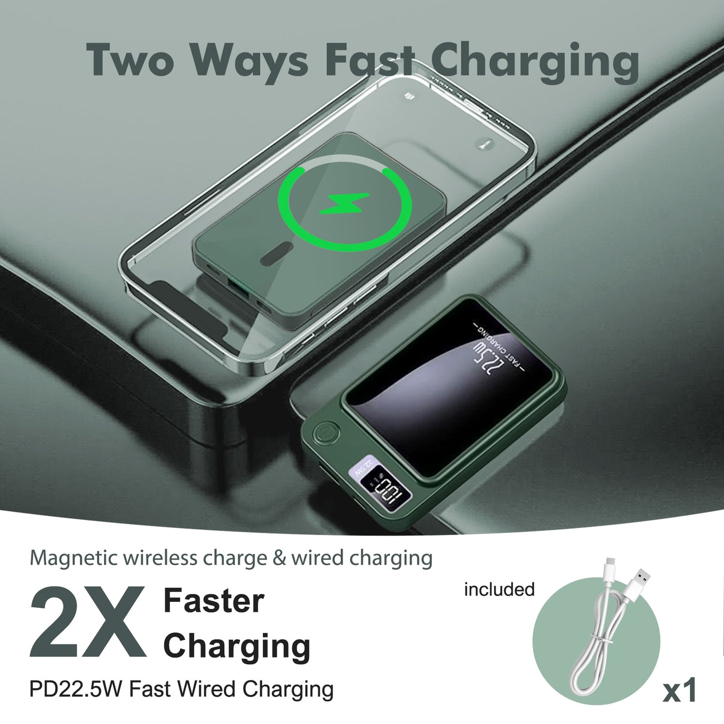 Portable Wireless Power Bank,2 in 1 Magnetic charger 10000mAh 22.5W Fast Charging, with LED Power Display, Suitable for Outdoor Emergency Backup Power Bank, Compatible with Multi Device, Green