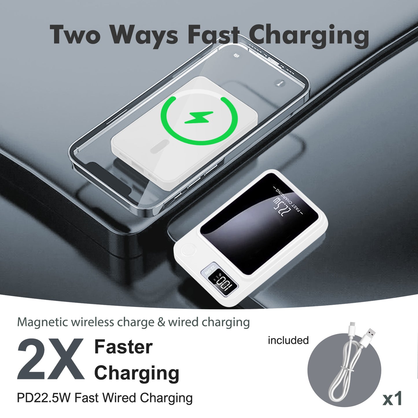 Portable Magnetic Wireless Power Bank, 10000mAh 22.5W Fast Charging,2 in 1 power bank with LED Power Display, Suitable for Outdoor Emergency Backup Power Bank, Compatible with iphone and above series