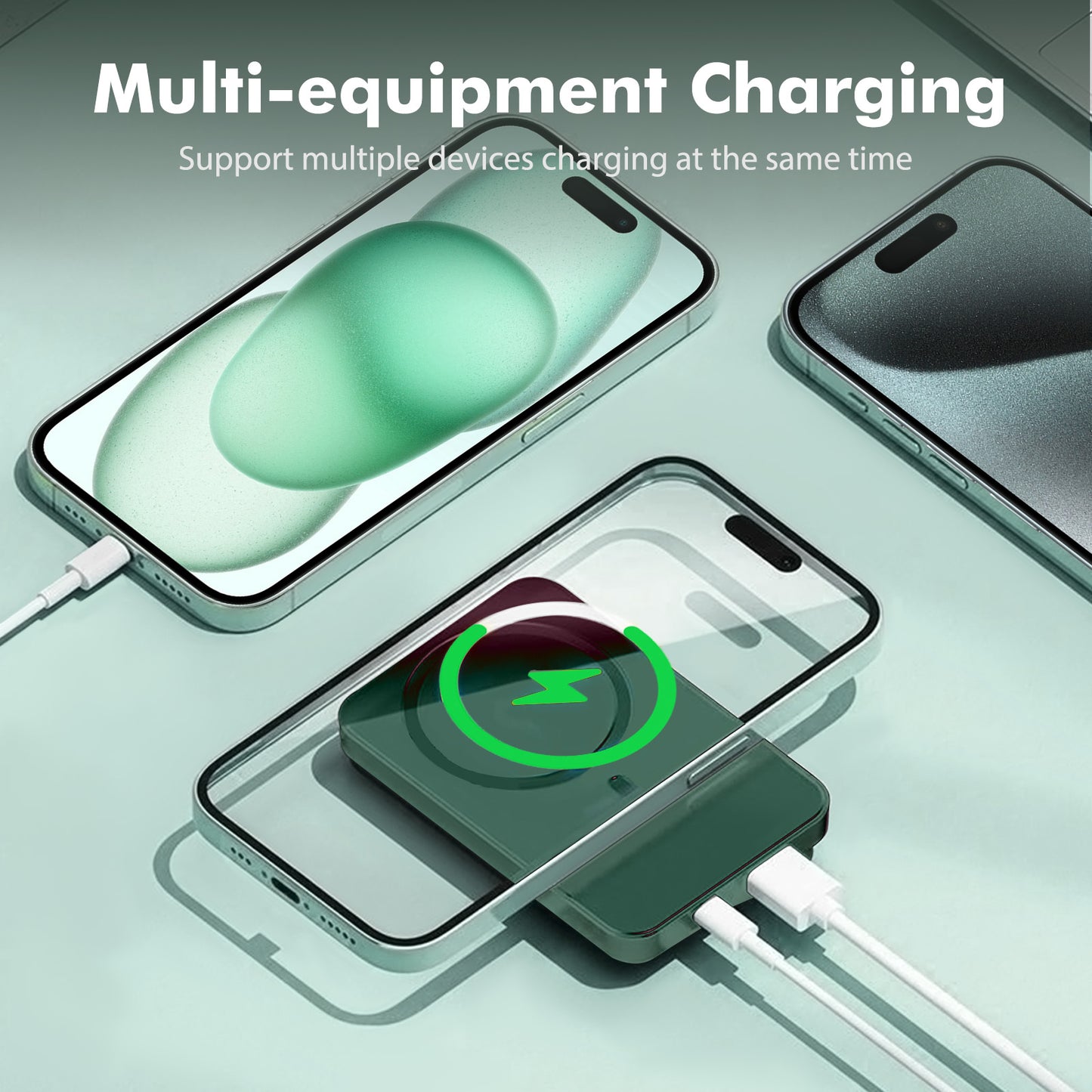 Portable Wireless Power Bank,2 in 1 Magnetic charger 10000mAh 22.5W Fast Charging, with LED Power Display, Suitable for Outdoor Emergency Backup Power Bank, Compatible with Multi Device, Green