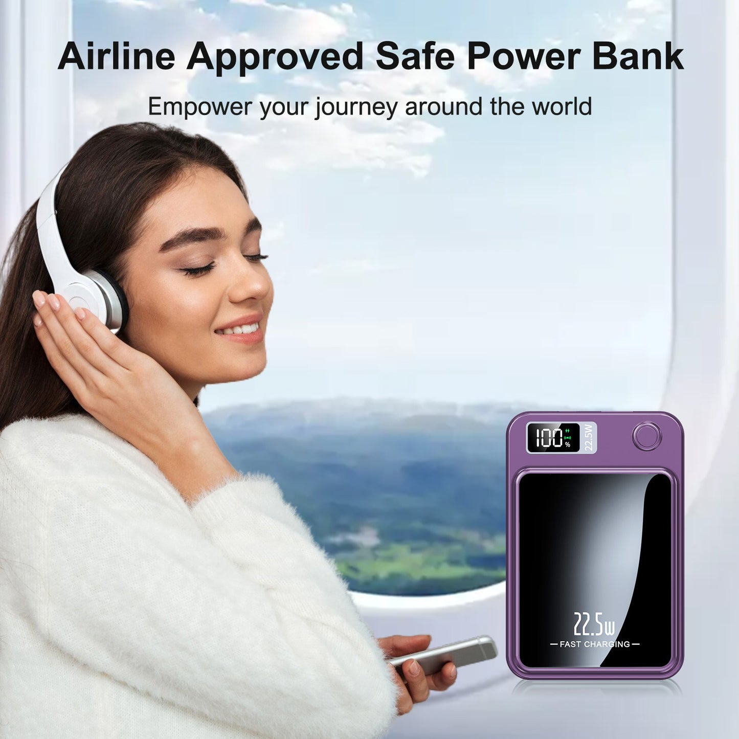 Magnetic power bank, 10000mAh 22.5W Fast Charging Phone Battery Bank, 2 in 1 Wireless Magnetic Power Bank with cable, Purple