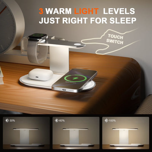 4 in 1 Charging Station, MagSafe Wireless Charger with Three Level soft Night Light, 15W Max Fast Charging for iPhone 16 15 14 13 12, for iWatch Series, for AirPods,USB-C Charger Included,White