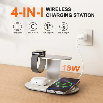 4 in 1 Charging Station, MagSafe Wireless Charger with Three Level soft Night Light, 15W Max Fast Charging for iPhone 16 15 14 13 12, for iWatch Series, for AirPods,USB-C Charger Included,White