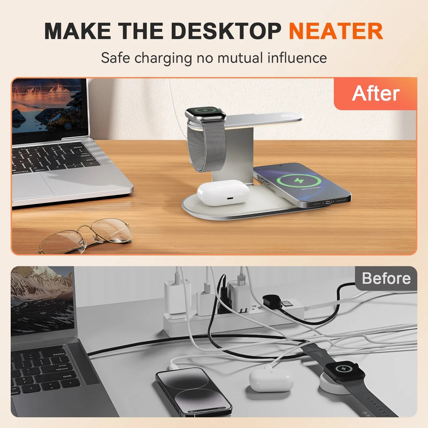 4 in 1 Charging Station, MagSafe Wireless Charger with Three Level soft Night Light, 15W Max Fast Charging for iPhone 16 15 14 13 12, for iWatch Series, for AirPods,USB-C Charger Included,White