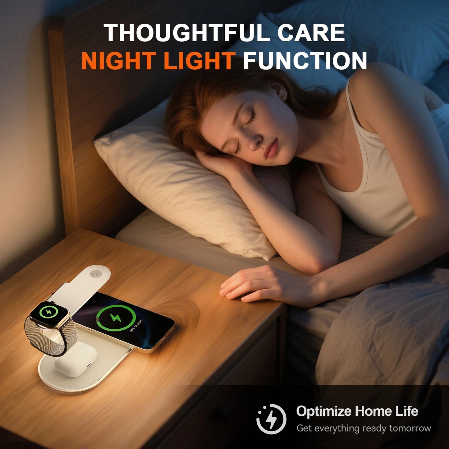 4 in 1 Charging Station, MagSafe Wireless Charger with Three Level soft Night Light, 15W Max Fast Charging for iPhone 16 15 14 13 12, for iWatch Series, for AirPods,USB-C Charger Included,White