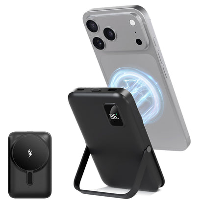 Magnetic Power Bank,10000mAh Wireless Portable Charger with LED Display, Built-in Cables, Magsafe Charger with Foldable Stand, 20W PD Fast Charging