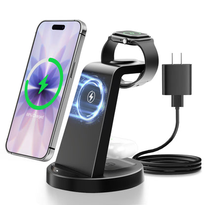 Charging Station, 15W Magnetic Wireless Charger for iPhone 17 16 15 14 13 12, for iWatch Series, for Airpods 4 3 2, for Samsung Galaxy, Black