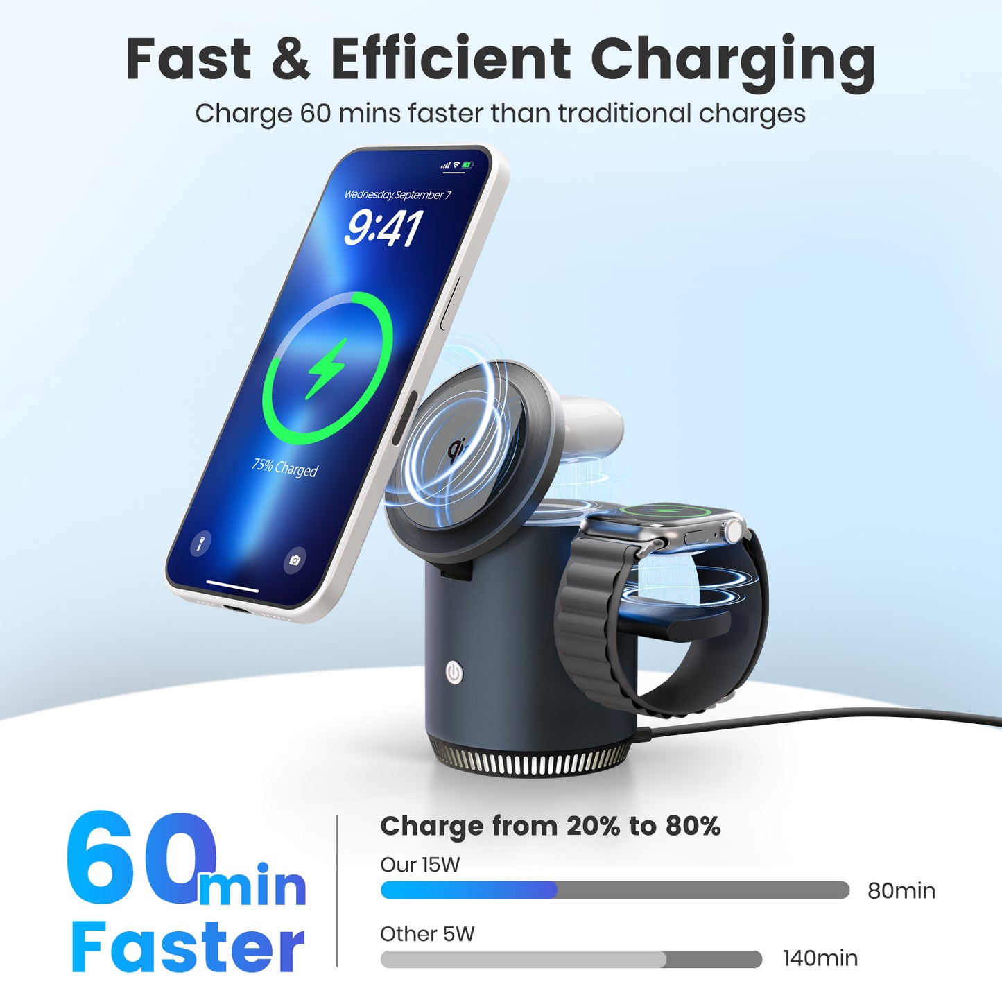 Wireless Charger for iPhone, Charging Station for iPhone 17 16 15 14 13 12, for AirPods 4 3 2, for iWatch Series, with Adjustable Night Light, Black
