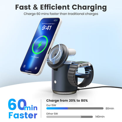 Wireless Charger for iPhone, Charging Station for iPhone 17 16 15 14 13 12, for AirPods 4 3 2, for iWatch Series, with Adjustable Night Light, Black