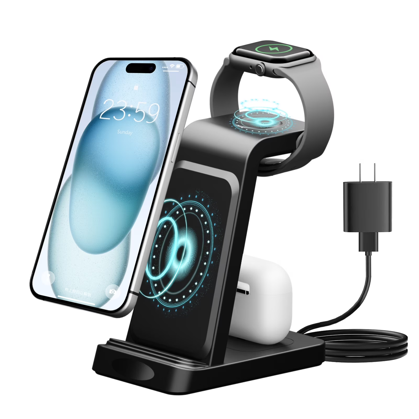 Magnetic Wireless Charger for iPhone Airpods iWatch: 3 in 1 Charging Station for Apple Multiple Devices, Black
