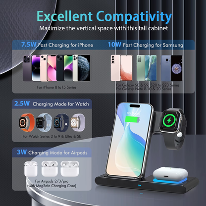 15W Fast Wireless Charger Station for iPhone 16 15 14 13 12 11 8 Pro Max SE XS XR X,3 in 1 Charging Stand for Apple Watch, for AirPods 4 3 2 Pro, Multi Device Charger(Black)