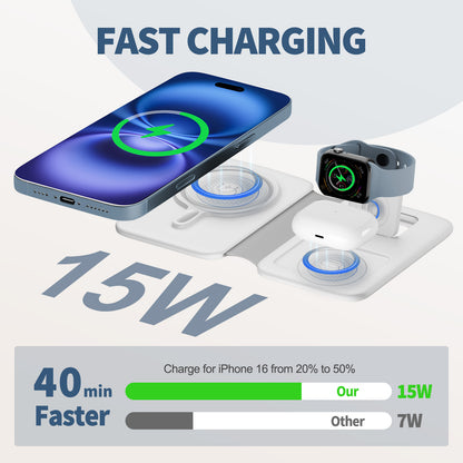 Wireless Charger for iPhone, 3 in 1 Magnetic Charging Station for Apple Devices for iPhone 16 15 14 13 12 Pro Max Plus - Foldable Charging Pad for Apple Watch Series Airpods 4 3 2 Pro, White