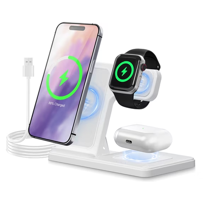Wireless Charger, Charging station Compatible with iPhone 16 15 14 13 12 11 Pro Max Plus XS XR X 8, for iWatch 9 8 7 6 5 4 3 2 SE, for AirPods 3 2 Pro, 3 in 1 Charging Station, White, No Adapter