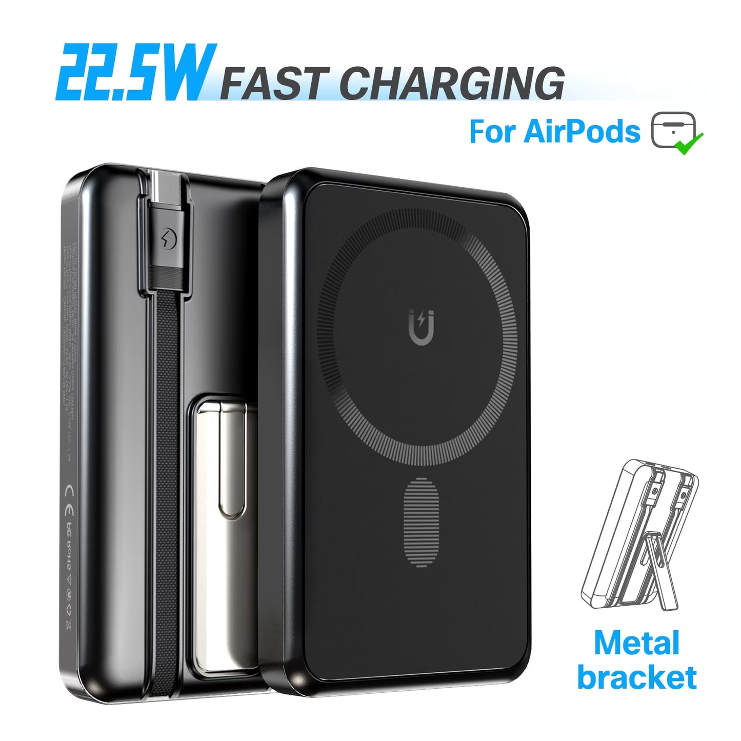 10000mAh Magnetic Wireless Power Bank Portable Charger, 22.5W Fast Charging Battery Pack with Type-C & Mobile Phone Charging Cables, for iPhone 12-17, Black