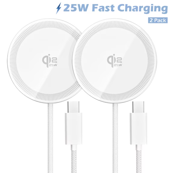 Wireless Charger iPhone, 25W Qi2.2 Magnetic Fast Charging Pad for iPhone 17 16 15 13 14 12 Series, Portable Charger for AirPods 4 3 2, Ultra-Thin, Ideal for Travel Home Office, White(2 Pack)