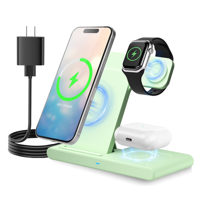 Wireless Charger,3in1 Charging Station Compatible for iPhone,Wireless Charger Stand Compatible for Apple Watch,iPhone 17 16 15 14 13 12 11 Pro Max Mini Plus SE X XS 8 Plus& AirPods,Green