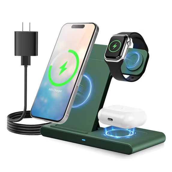 Wireless Charger,3 in 1 Charging Station Compatible for iPhone,Fast Charging Portable Charger Compatible for iPhone 17 16 15 14 13 12 11 Pro Max Mini Plus SE X XS 8 Plus&iWatch,AirPods,Dark Green