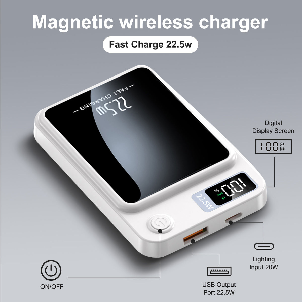 Magnetic Wireless Power Bank,10000mAh Portable Charger with 22.5W Fast Charging,LED Power Display,Strong Magnetic Suction Compatible with iPhone 15 and Above & Android - White
