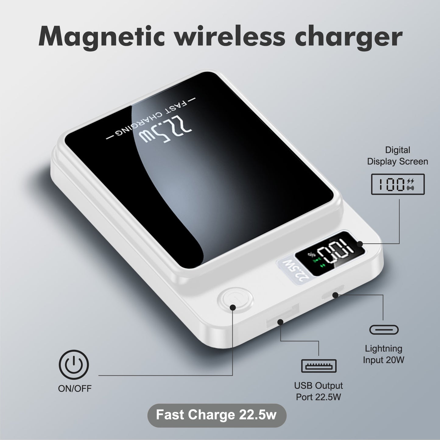 Portable Magnetic Wireless Power Bank, 10000mAh 22.5W Fast Charging,2 in 1 power bank with LED Power Display, Suitable for Outdoor Emergency Backup Power Bank, Compatible with iphone and above series