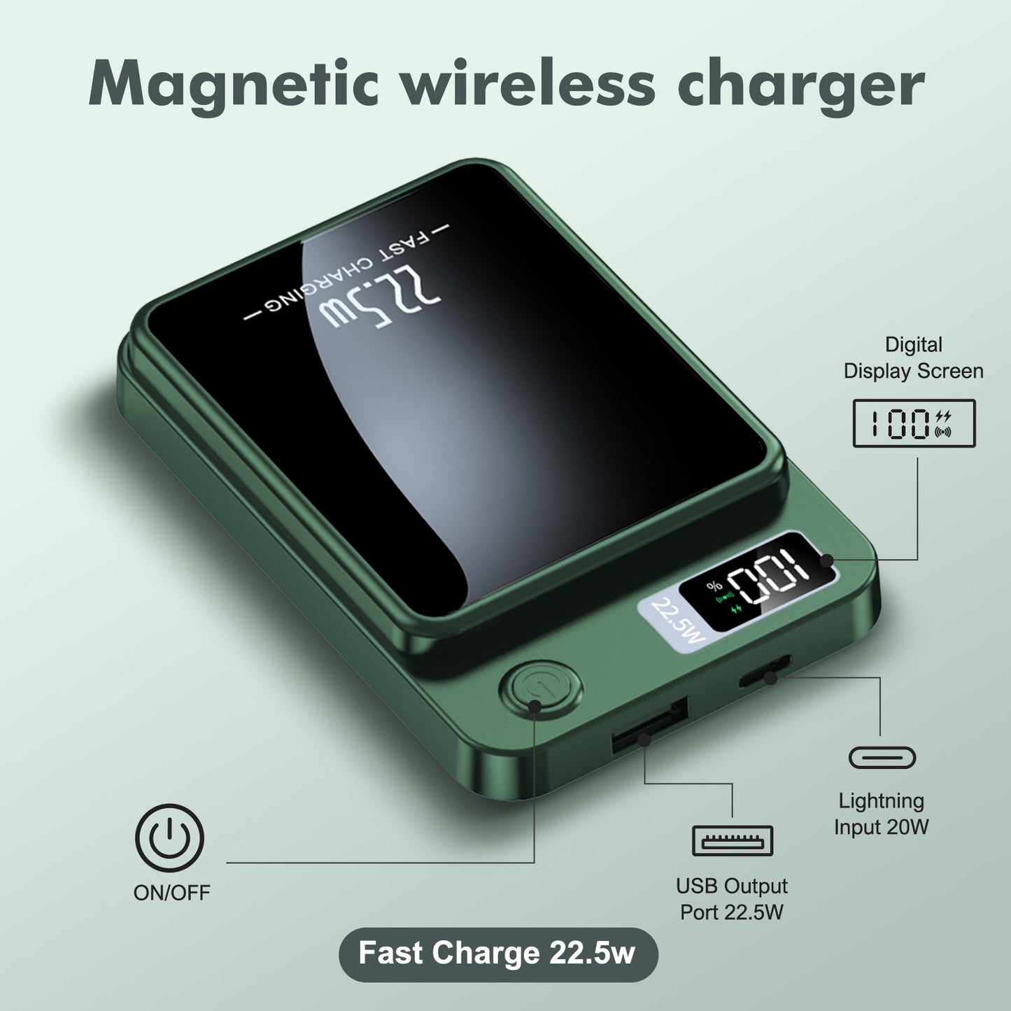 Portable Wireless Power Bank,2 in 1 Magnetic charger 10000mAh 22.5W Fast Charging, with LED Power Display, Suitable for Outdoor Emergency Backup Power Bank, Compatible with Multi Device, Green