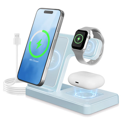 Wireless Charger, Magnetic Fast Charging Stand Compatible with iPhone 16 15 14 13 12 11 Pro Max Plus XS XR X 8, for Apple Watch 9 8 7 6 5 4 3 2 SE, for AirPods 3 2 Pro, 3 in 1 Charging Station, Blue
