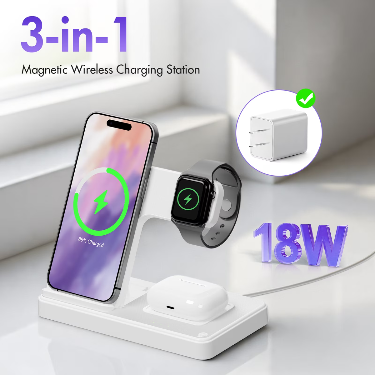 Wireless Charger, Charging station Compatible with iPhone 16 15 14 13 12 11 Pro Max Plus XS XR X 8, for iWatch 9 8 7 6 5 4 3 2 SE, for AirPods 3 2 Pro, 3 in 1 Charging Station, White, No Adapter
