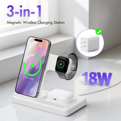Wireless Charger, Charging station Compatible with iPhone 16 15 14 13 12 11 Pro Max Plus XS XR X 8, for iWatch 9 8 7 6 5 4 3 2 SE, for AirPods 3 2 Pro, 3 in 1 Charging Station, White, No Adapter