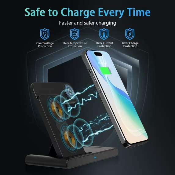 15W Fast Wireless Charger Station for iPhone 16 15 14 13 12 11 8 Pro Max SE XS XR X,3 in 1 Charging Stand for Apple Watch, for AirPods 4 3 2 Pro, Multi Device Charger(Black)