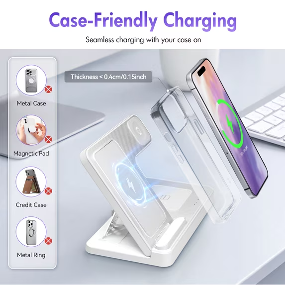 Wireless Charger, Charging station Compatible with iPhone 16 15 14 13 12 11 Pro Max Plus XS XR X 8, for iWatch 9 8 7 6 5 4 3 2 SE, for AirPods 3 2 Pro, 3 in 1 Charging Station, White, No Adapter