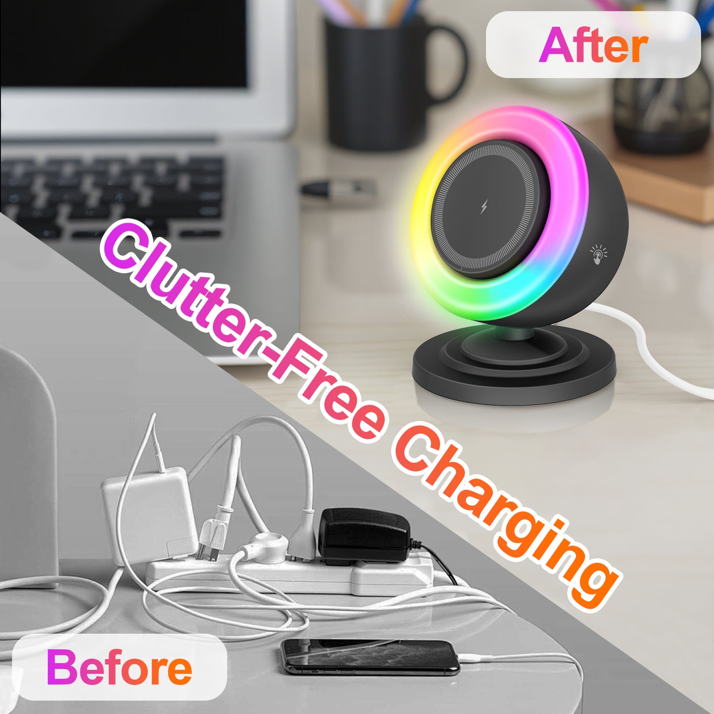 Wireless Charger for iPhone Samsung Huawei,Magnetic Charging Station with Bluetooth speaker and RGB light, Travel Charging Station Compatible with Apple 12 and above series, Black