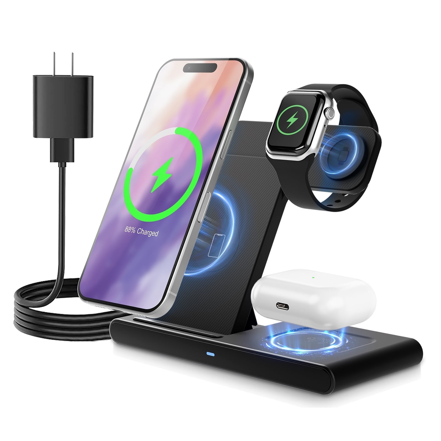 Wireless Charger, 3 in1 Wireless Charging Station, Magnetic Fast Charging Stand Compatible with iPhone 16 15 14 13 12 11 Pro Max Plus XS XR X 8, For iWatch 9 8 7 6 5 4 3 2 SE, for AirPods 3 2 Pro
