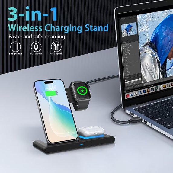 15W Fast Wireless Charger Station for iPhone 16 15 14 13 12 11 8 Pro Max SE XS XR X,3 in 1 Charging Stand for Apple Watch, for AirPods 4 3 2 Pro, Multi Device Charger(Black)
