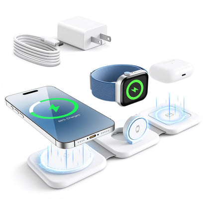 Wireless Charger, Charging Station for iphone 16 15 14 13 12 11, 15W Fodable Charging Pad for iWatch 10 9 8 7 6 5 4 3, 3 in 1 Magnetic Charger for AirPods 4 3 2, White