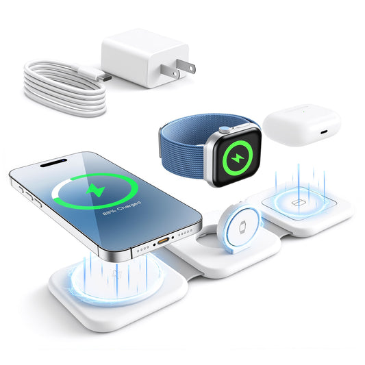 Wireless Charger, Charging Station for iphone 16 15 14 13 12 11, 15W Fodable Charging Pad for iWatch 10 9 8 7 6 5 4 3, 3 in 1 Magnetic Charger for AirPods 4 3 2, White