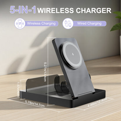 15W Fast Charging Station, 5 in 1 Wireless Charger Compatible with iPhone 15 14 13 12 11 8 Series, Charging Dock Compatible with AirPods 4 3 2 1, for iWatch, for iPad, Black