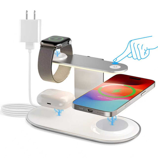 4 in 1 Charging Station, MagSafe Wireless Charger with Three Level soft Night Light, 15W Max Fast Charging for iPhone 16 15 14 13 12, for iWatch Series, for AirPods,USB-C Charger Included,White