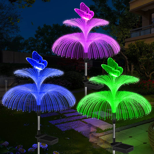TopZoo Solar Garden Lights Waterproof 3 PCS Solar Lights Outdoor Decorative 7 Color Changing Double Jellyfish and Butterfly Flower Garden Decor Yard Christmas Pool Outdoor, Gifts for Mother's Women