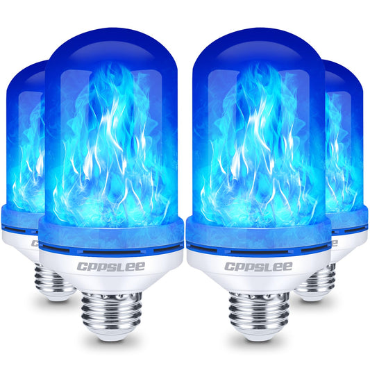 TopZoo Blue LED Light Bulbs 4PCS, Flickering Flame Light Bulbs Upgraded 4 Modes, E26 Base Light Bulbs with Upside Down Effect for Garden Decor, Halloween, Party, Patio, Indoor, Outdoor Decor