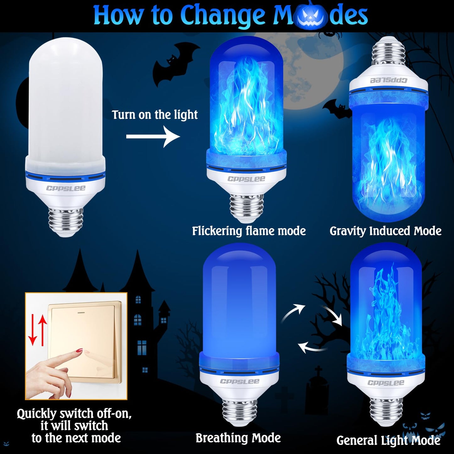 TopZoo Blue LED Light Bulbs 2PCS, Flickering Flame Light Bulbs Upgraded 4 Modes, E26 Base Light Bulbs with Upside Down Effect for Garden Decor, Halloween, Party, Patio, Indoor, Outdoor Decor