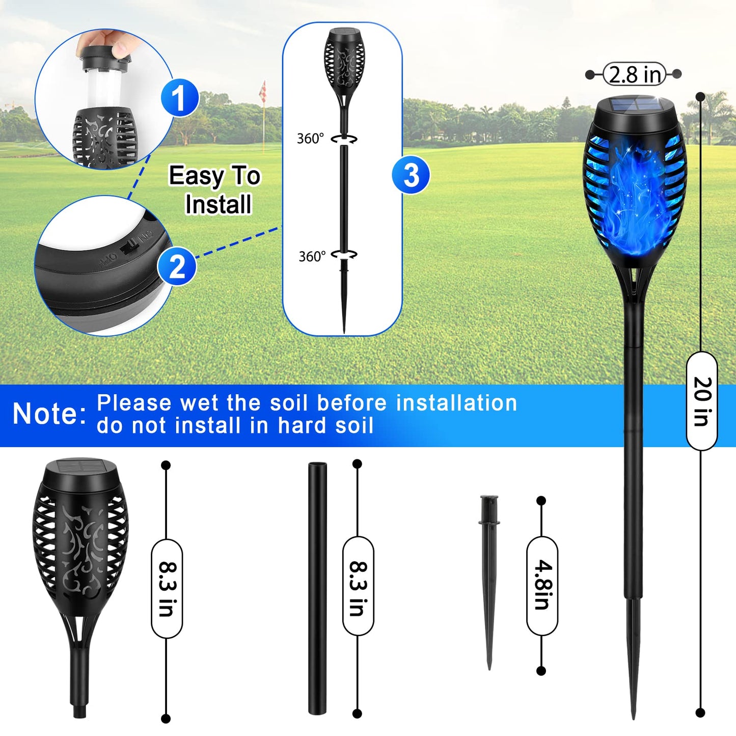 Outdoor Solar Garden Lights, 8 Packs Solar Tiki Torch Lights with Flickering Flame, Blue Lights Waterproof, Hallowee Decor Lights for Garden, Lawn, Patio, Yard Decor