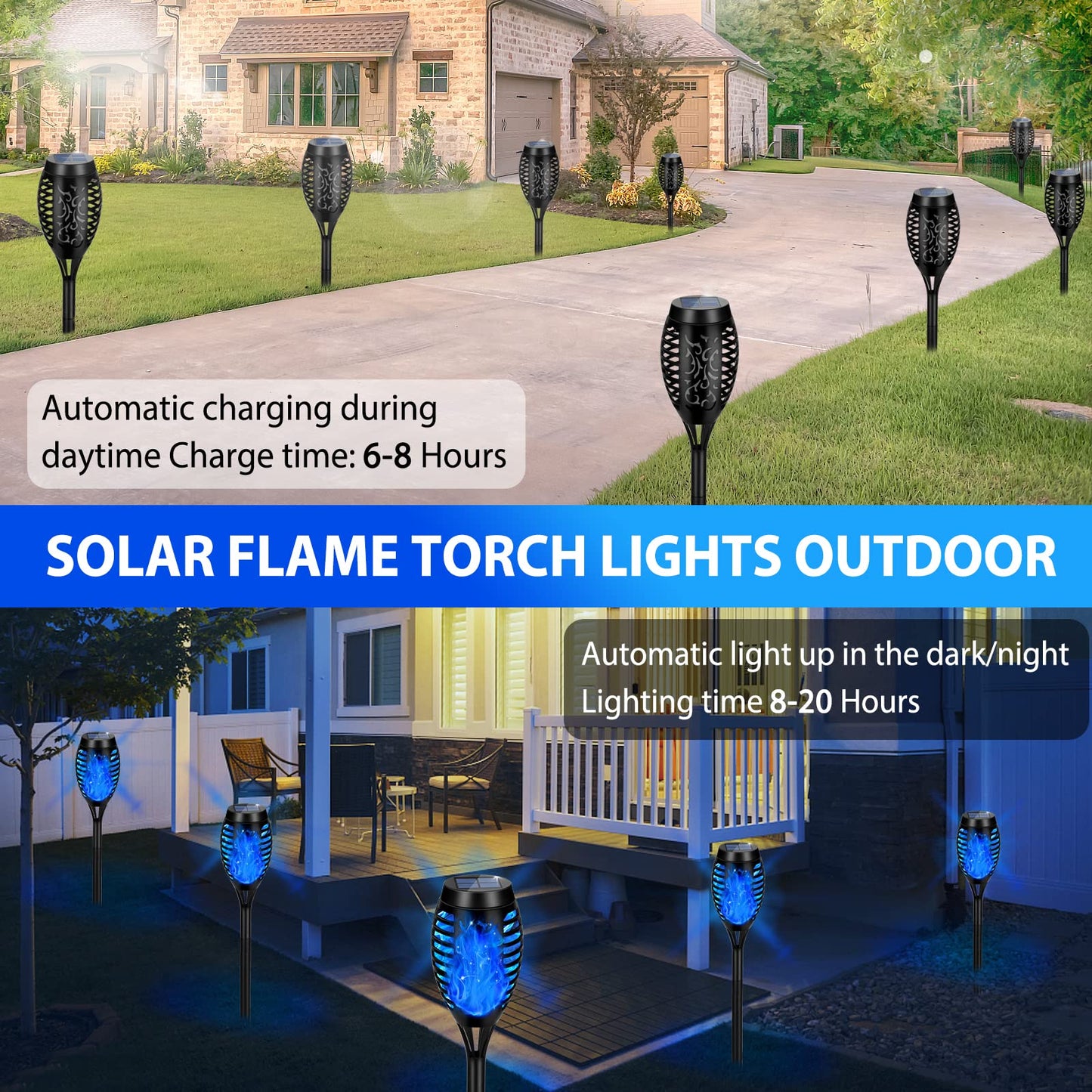 Outdoor Solar Garden Lights, 8 Packs Solar Tiki Torch Lights with Flickering Flame, Blue Lights Waterproof, Hallowee Decor Lights for Garden, Lawn, Patio, Yard Decor