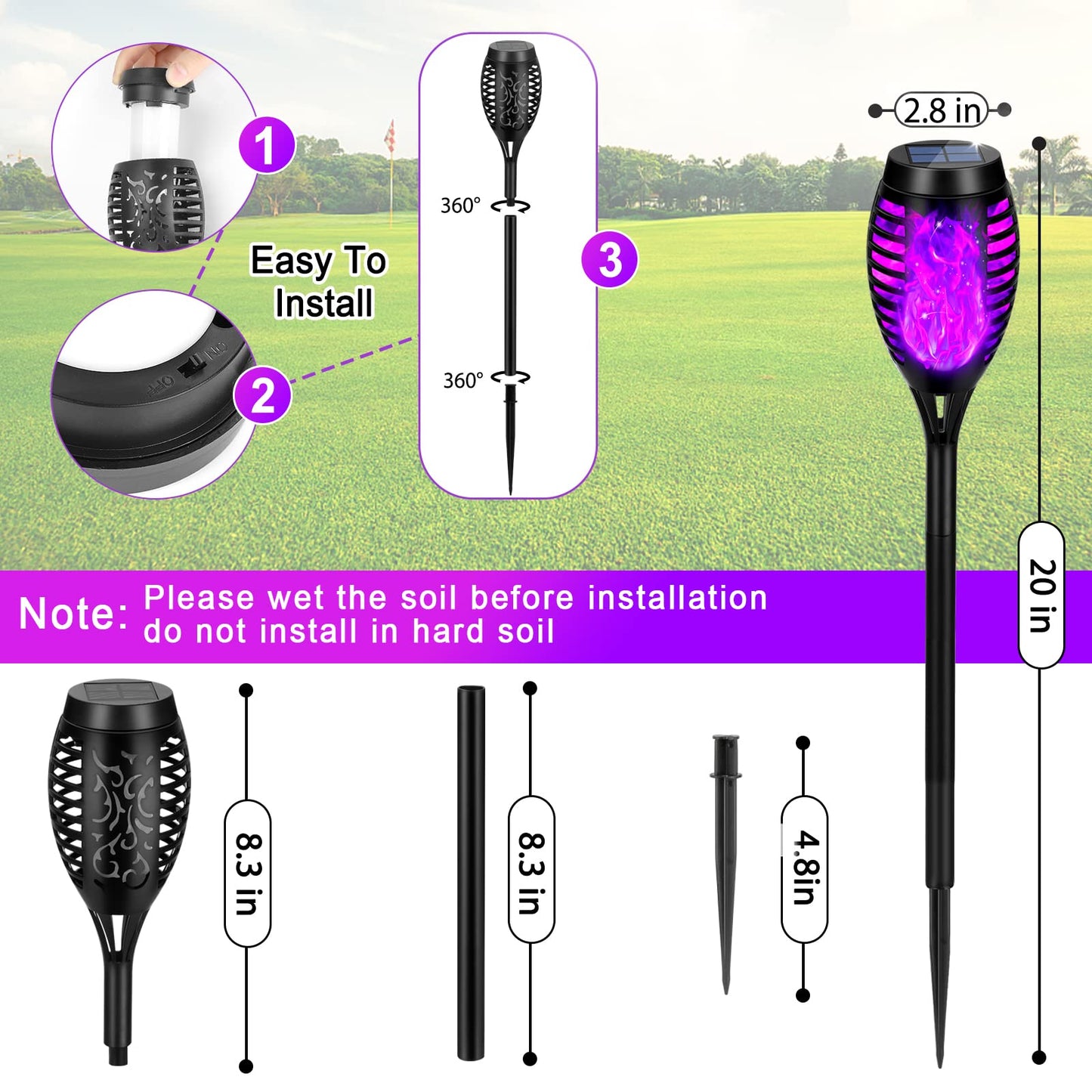 8 Packs Solar Tiki Torch Lights with Flickering Flame, Waterproof H-alloween Solar Lights Outdoor, Solar H-alloween Pathway Lights, H-allowee Decor Lights for Garden, Lawn, Patio, Yard